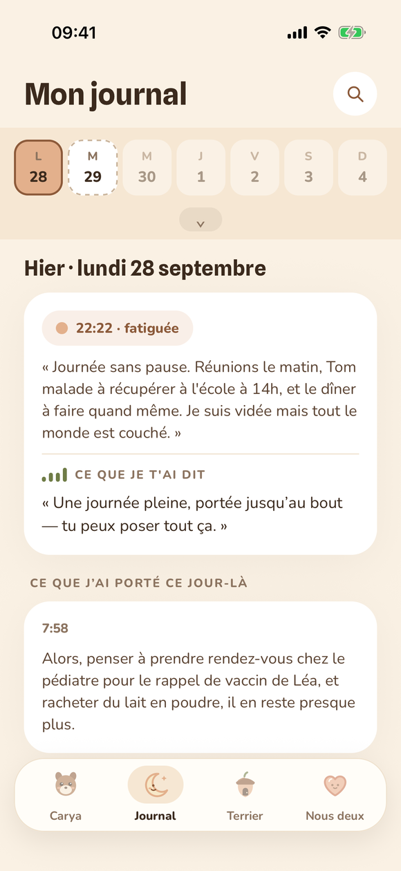 Le journal de Carya : la journée d'hier, la couleur du soir et ce que tu lui as confié, daté